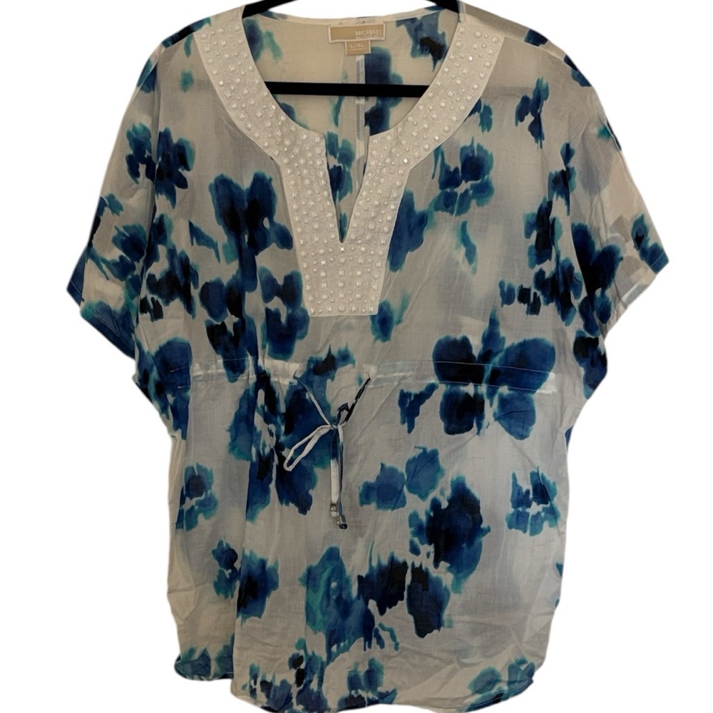 Michael Kors floral print swimwear cover-up, blue/white, beaded detail, L/XL